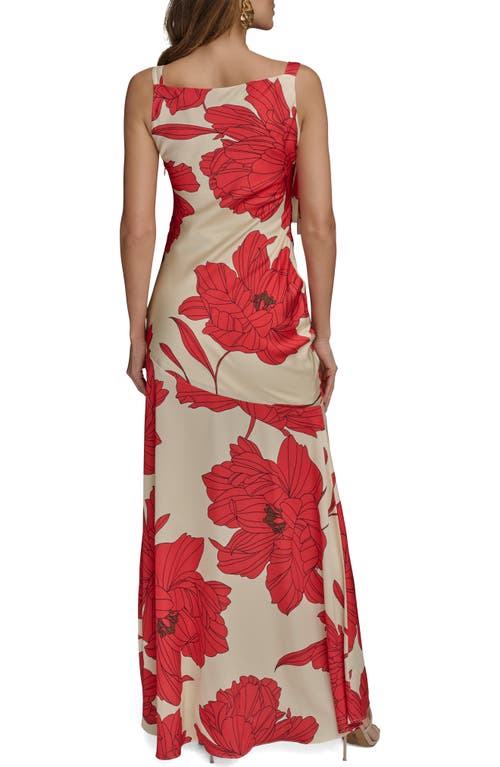 Donna Karan New York Floral Cowl Neck Satin Gown In Sahara Red