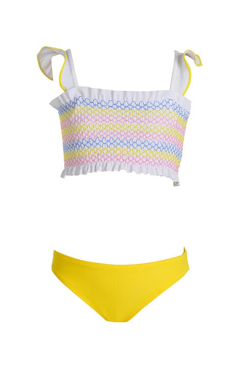Shirred Geometric Embroidered Two-Piece Bikini
