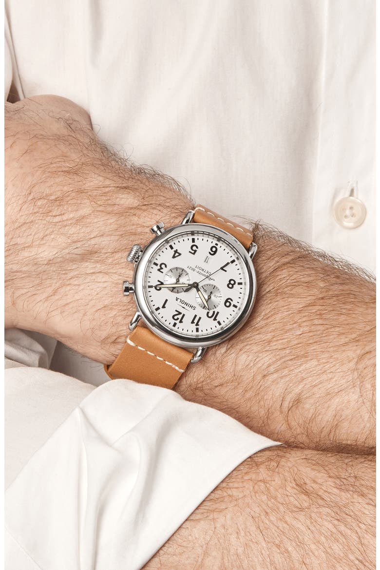 The Runwell Chrono Leather Strap Watch, 47mm, Alternate, color, WHITE