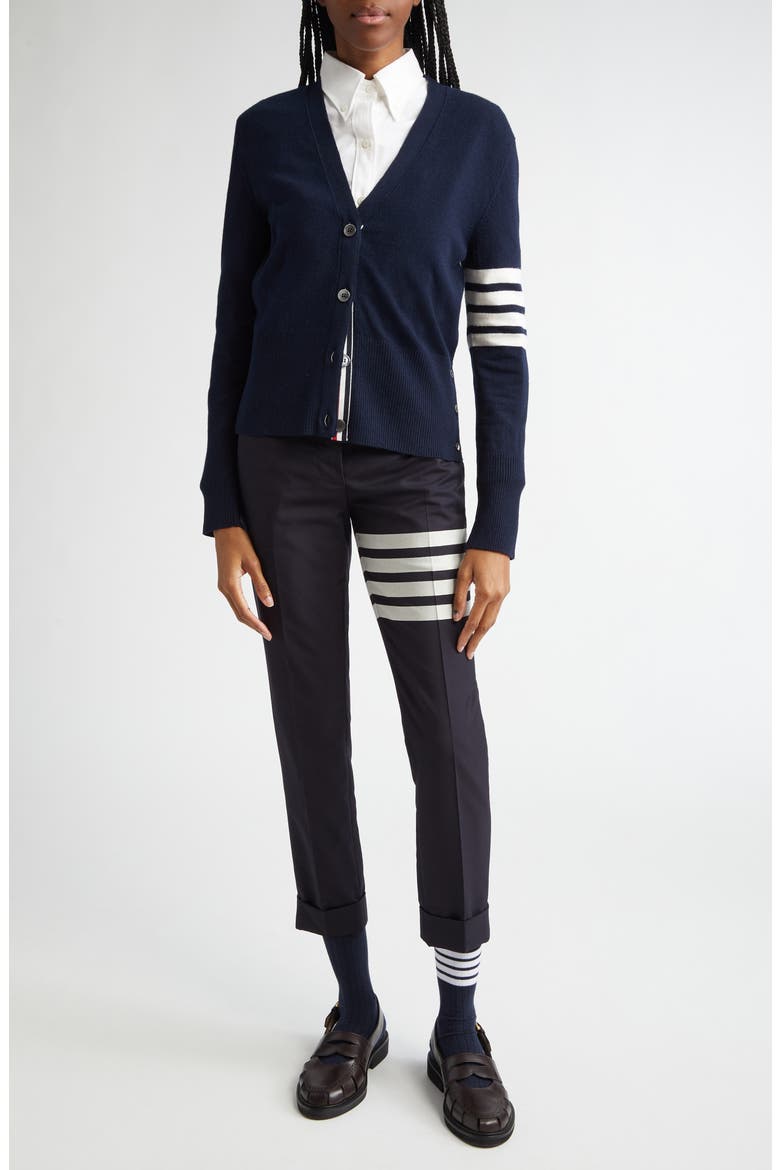 Holidays Classic 4-Bar Virgin Wool V-Neck Cardigan, Alternate, color, NAVY