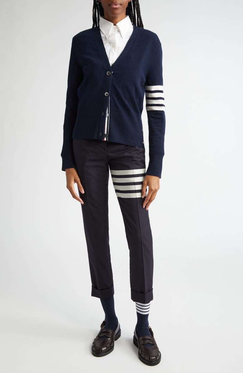 Thom Browne Holidays Classic 4-Bar Virgin Wool V-Neck Cardigan, Alternate, color, Navy