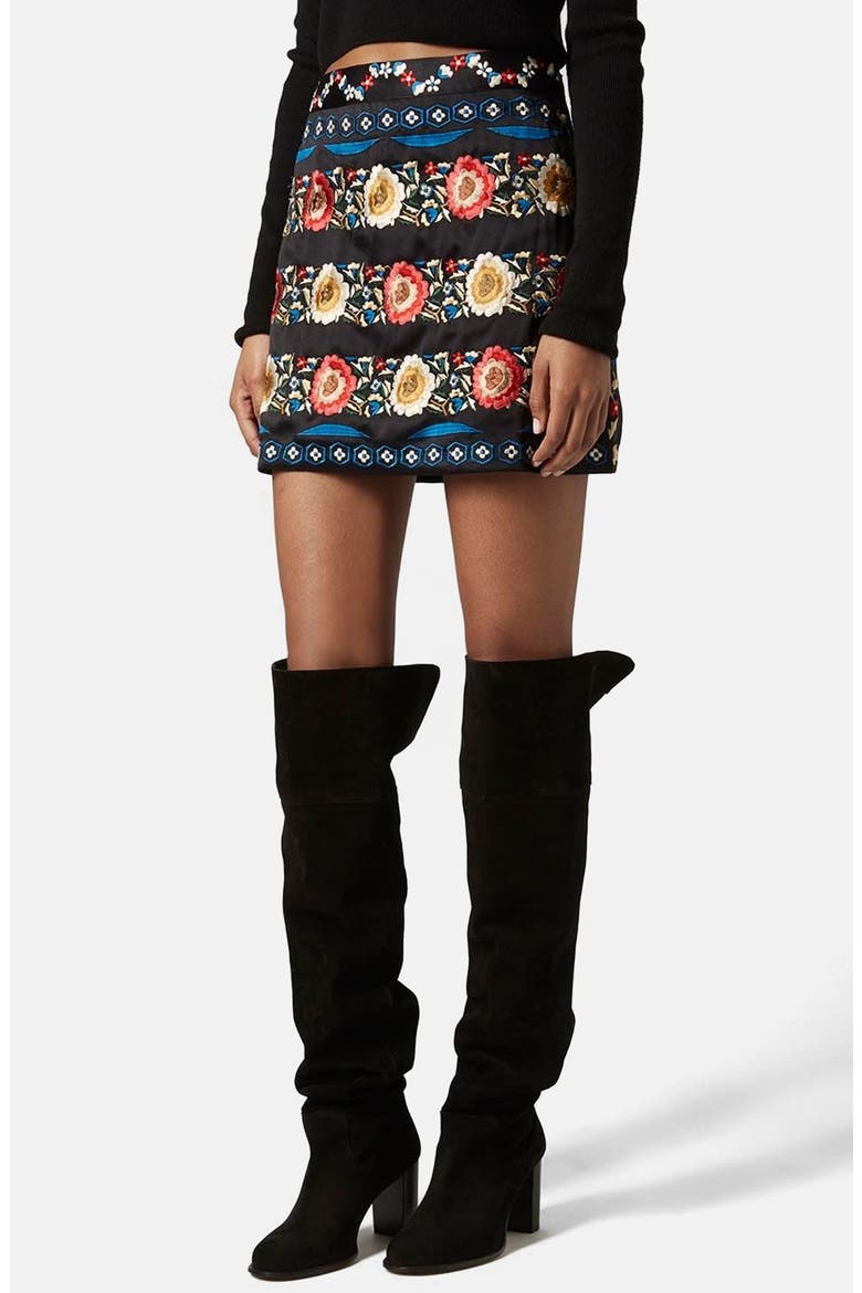 Embroidered A-Line Skirt, Main, color, BLACK MULTI