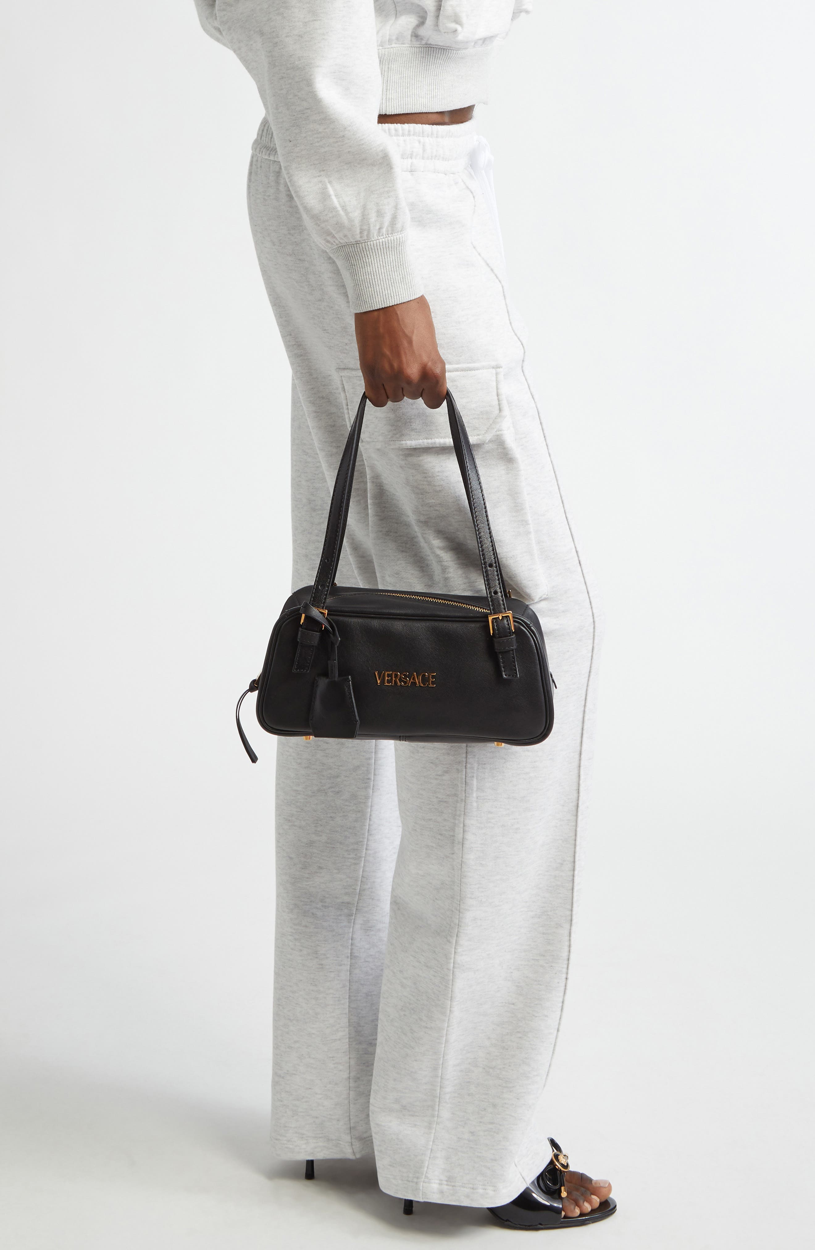 Versace Small Logo East/West Leather Shoulder Bag, Alternate, color, 