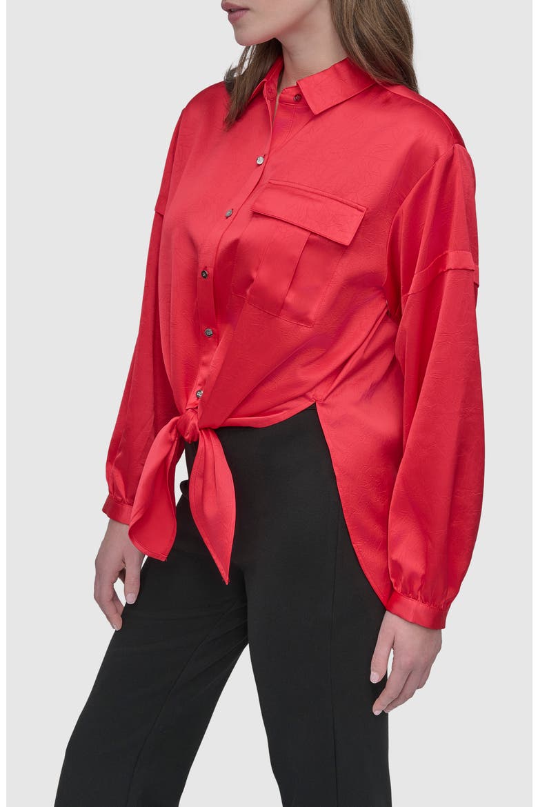 Tie Front Satin Shirt, Alternate, color, WATERMELON