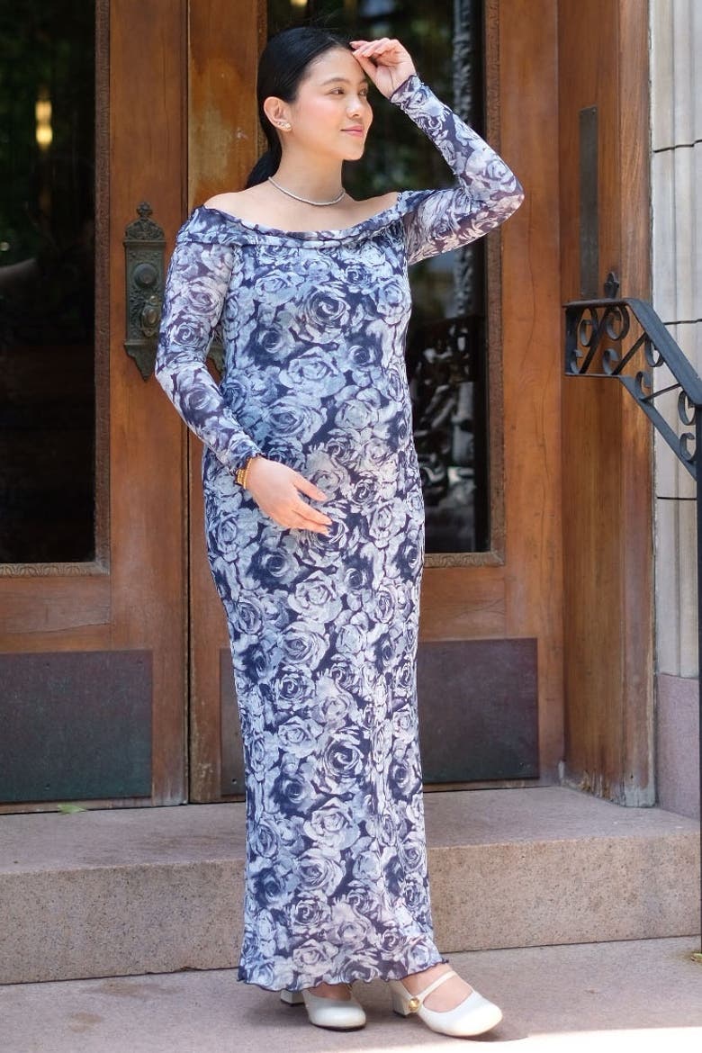 Floral Off Shoulder Mesh Knit Midi Dress, Alternate, color, Navy Blue