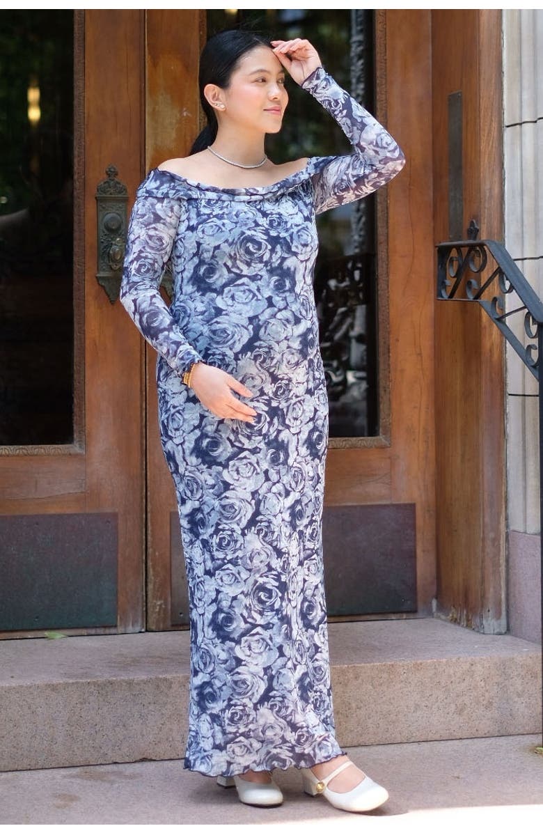 PinkBlush Floral Off Shoulder Mesh Knit Midi Dress, Alternate, color, Navy Blue