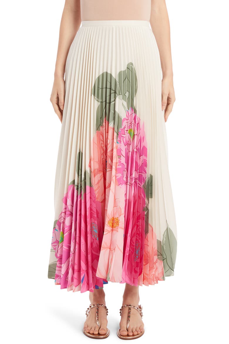 Marco Camellia Pleated Silk Crêpe de Chine Maxi Skirt, Main, color, AVORIO/ FUXIA