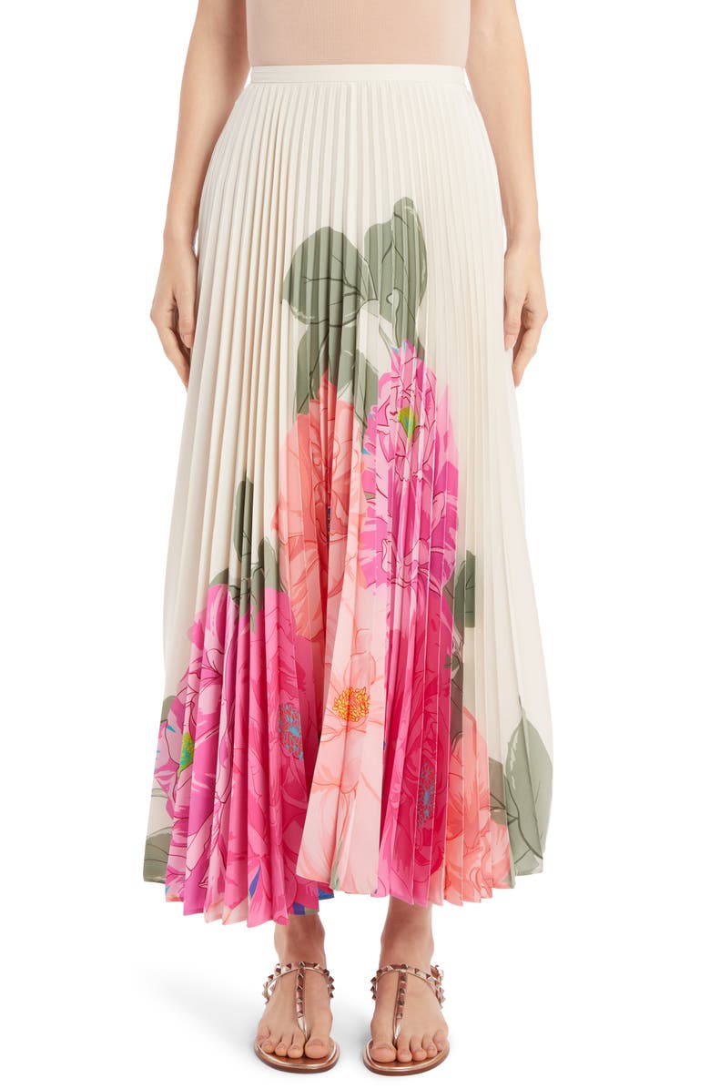 Valentino Marco Camellia Pleated Silk Crêpe de Chine Maxi Skirt, Main, color, 