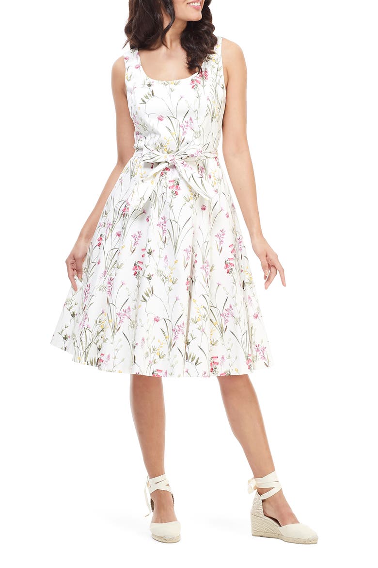 Floral Petal Fit & Flare Stretch Cotton Dress, Main, color, ALABASTER/ LILAC
