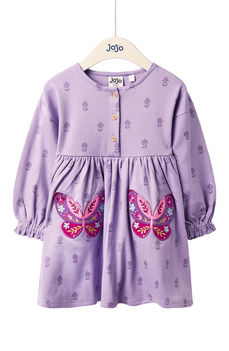 JOJO MAMAN BEBE Kids' Butterfly Appliqué Long Sleeve Cotton Dress, Main, color, Purple