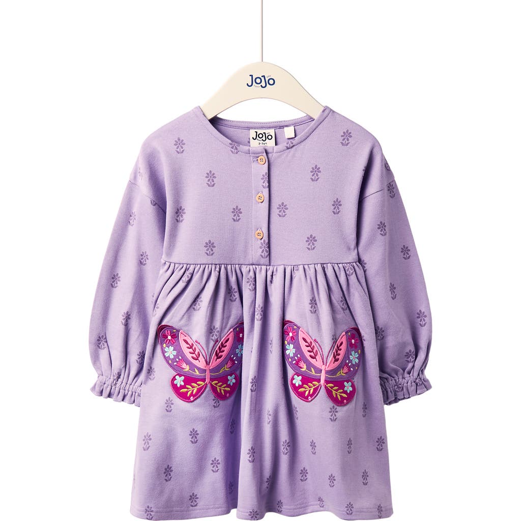 Jojo Maman Bébé Jojo Maman Bebe Kids' Butterfly Appliqué Long Sleeve Cotton Dress In Purple