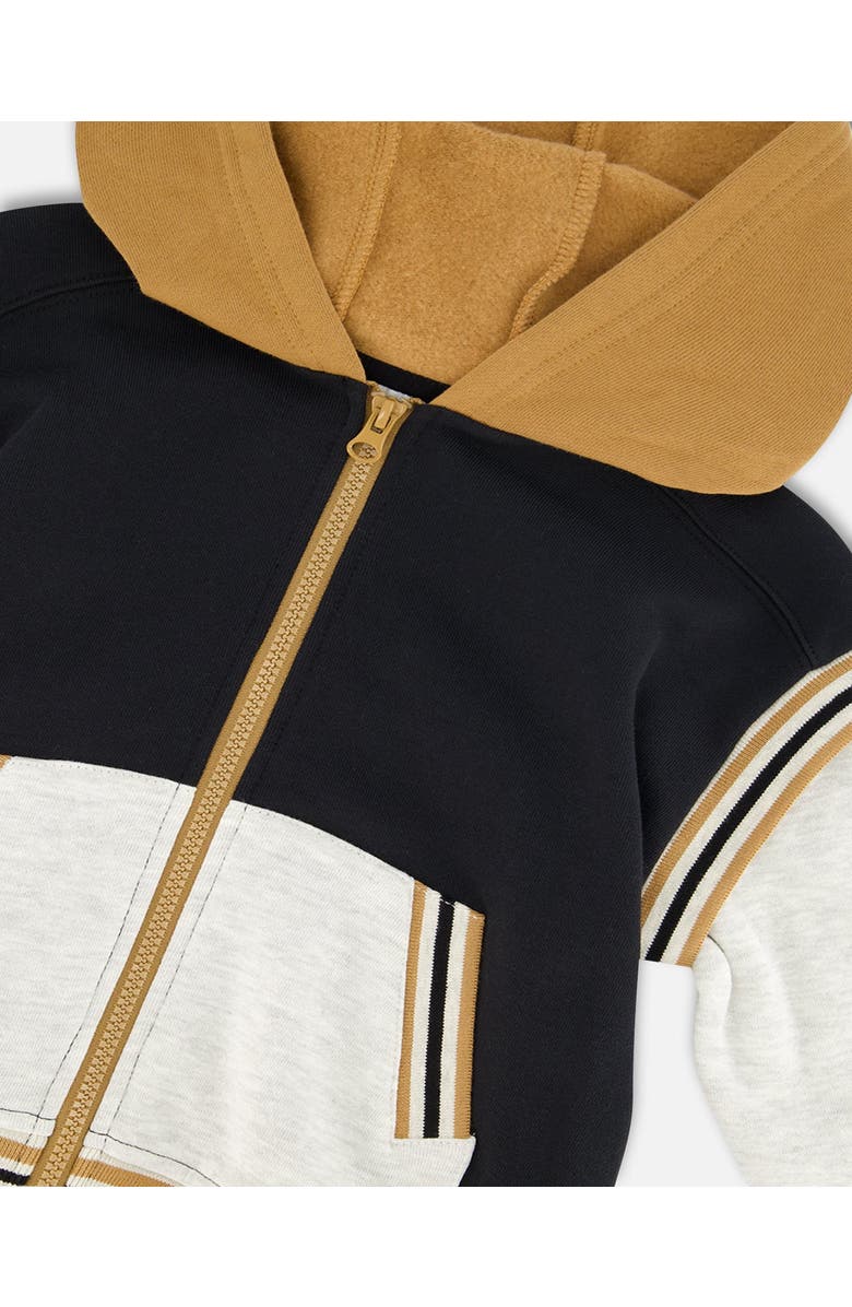 Deux par Deux Little Boy's Full Zip Hooded Fleece Black And Beige, Alternate, color, 