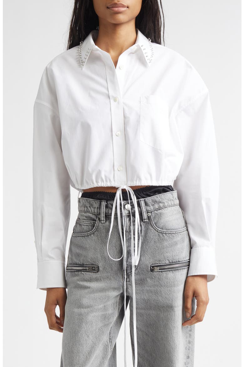 Crystal Stud Crop Drawstring Waist Cotton Button-Up Shirt, Main, color, WHITE