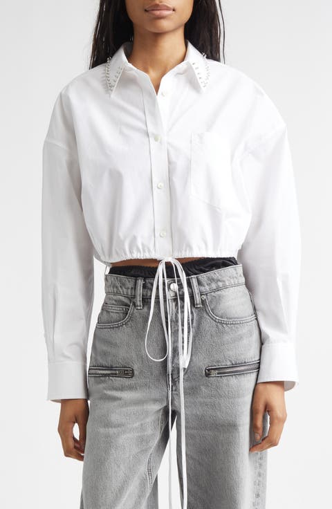 Crystal Stud Crop Drawstring Waist Cotton Button-Up Shirt