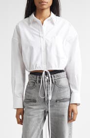 Alexander Wang Crystal Stud Crop Drawstring Waist Cotton Button-Up Shirt