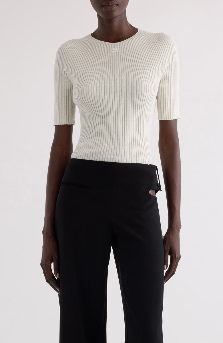 Courrèges Solar Light Short Sleeve Cotton & Merino Wool Rib Sweater, Main, color, Heritage White