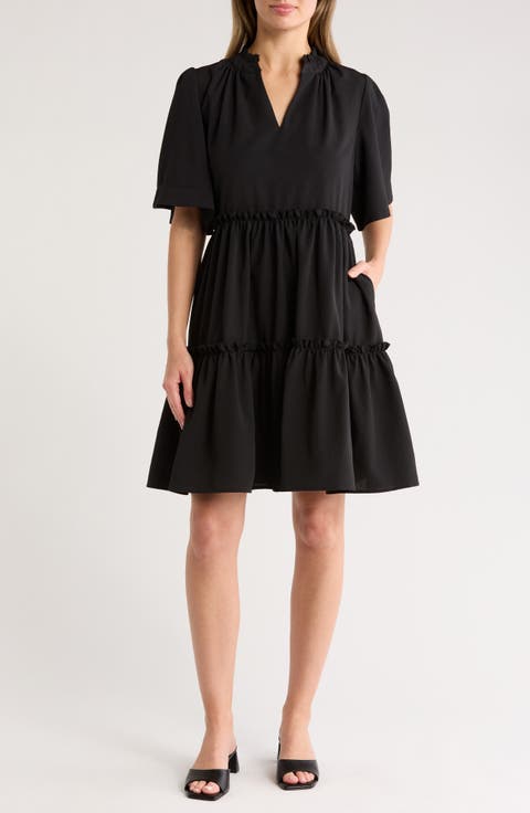 Pria Split Neck Tiered Trapeze Dress