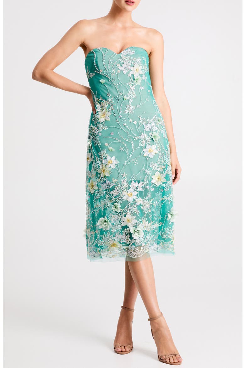 Francine Embellished Floral Appliqué Strapless Cocktail Dress, Main, color, GREEN MULTI