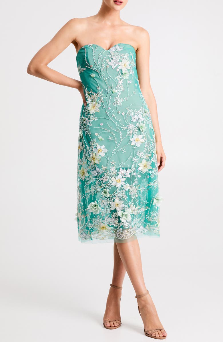HELSI Francine Embellished Floral Appliqué Strapless Cocktail Dress, Main, color, Green Multi