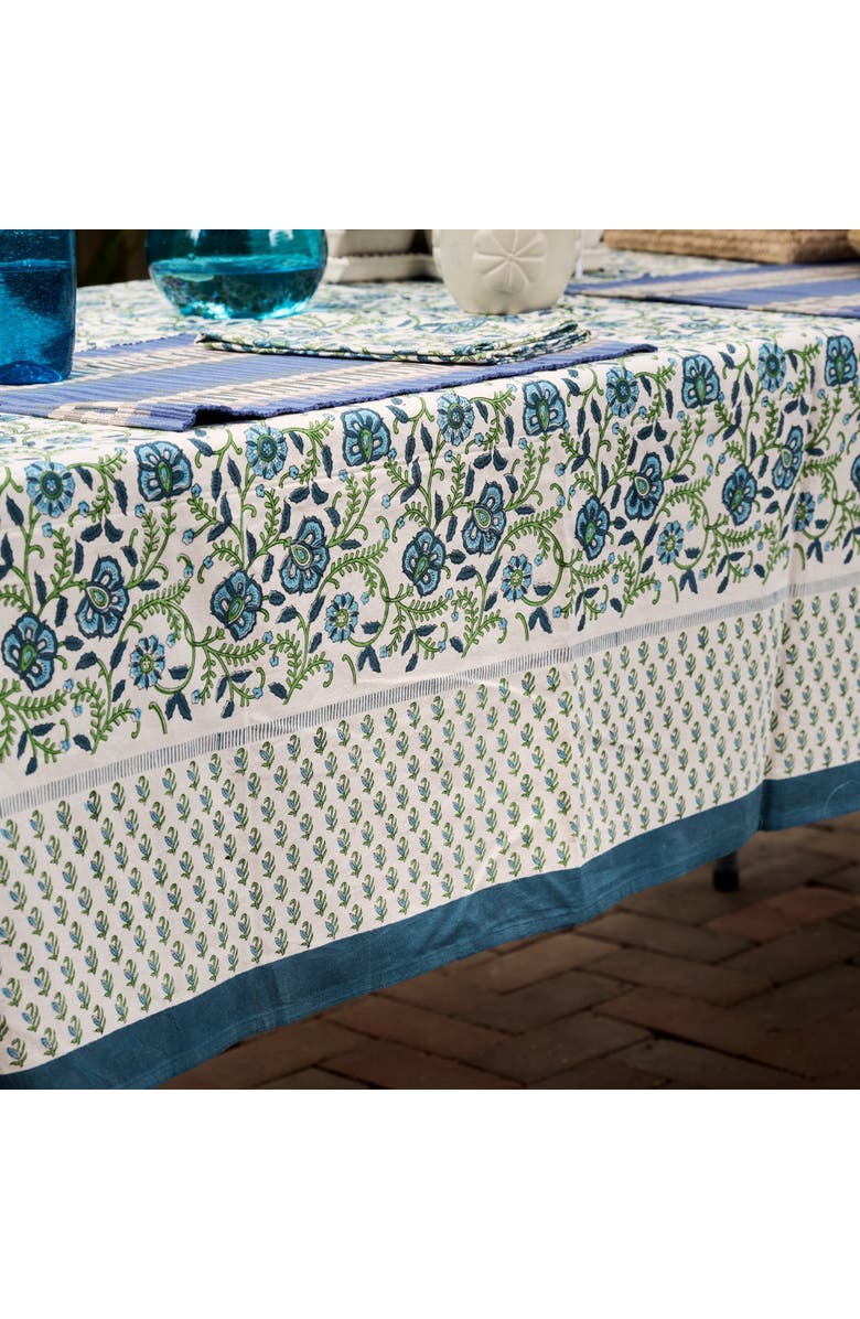 Ten Thousand Villages Sharan Floral Block Print Tablecloth, Alternate, color, Teal