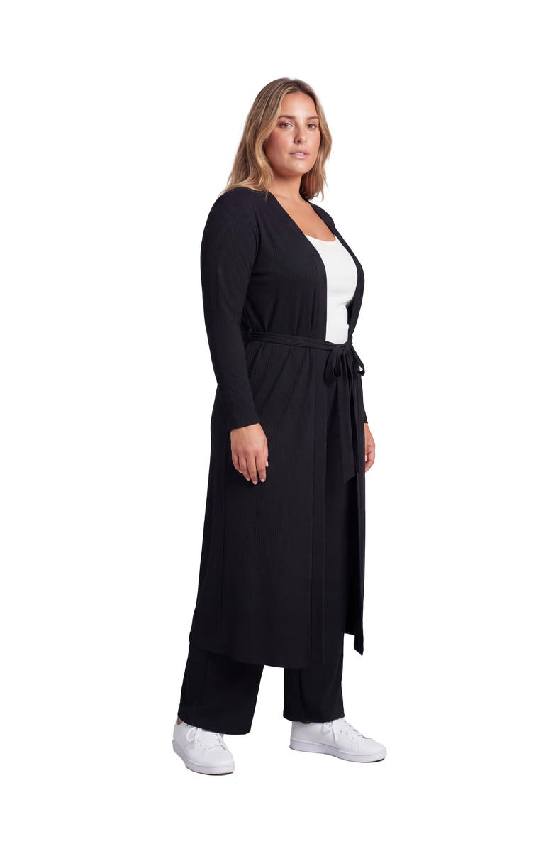 24seven Comfort Apparel Curvy Basic Long Sleeve Tie Waist Soft Jacket and Elastic Waist Wide Leg Pant Set, Alternate, color, Black
