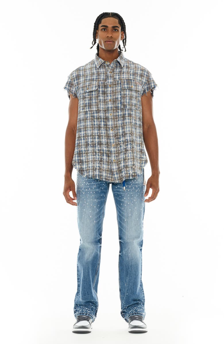 Cult of Individuality Plaid Short Sleeve Cotton Button-Up Shirt, Alternate, color, Sky Blue