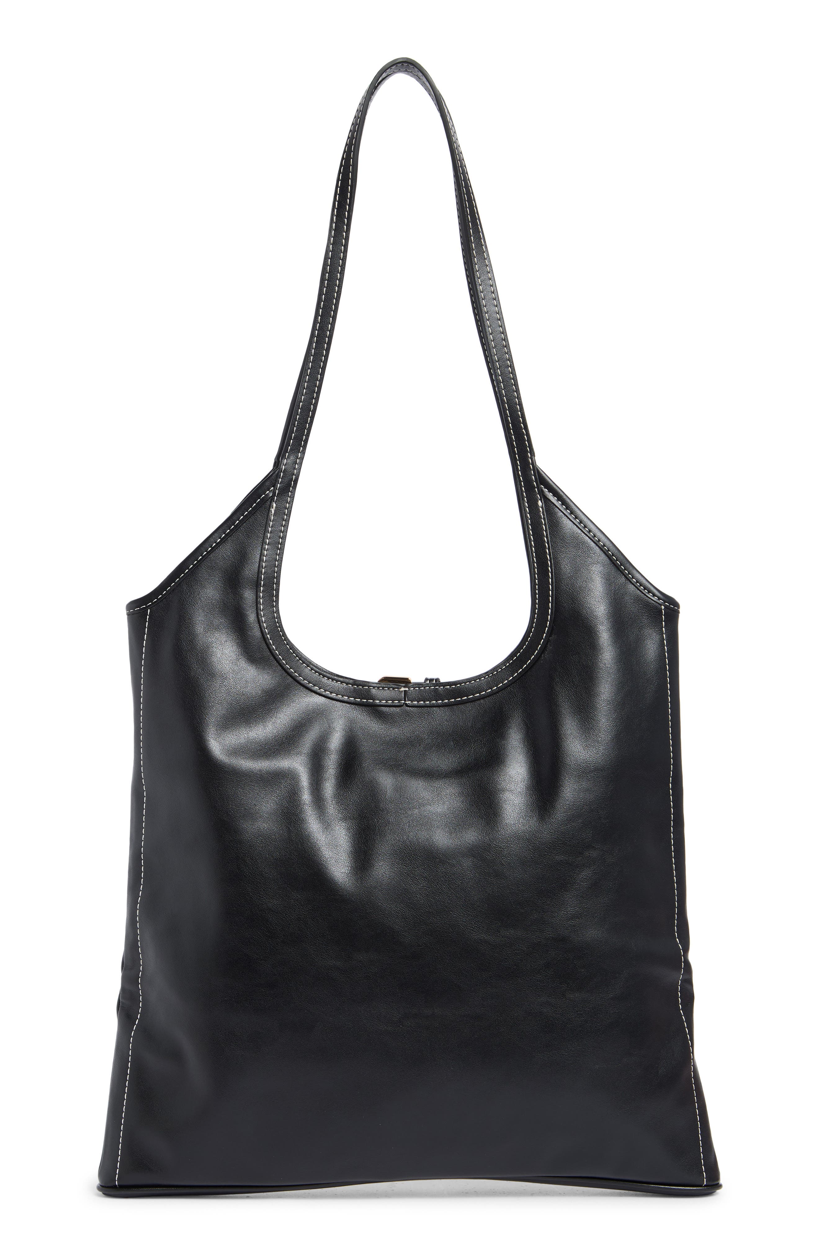 Brooke Belted Faux Leather Tote, Alternate, color, BLACK