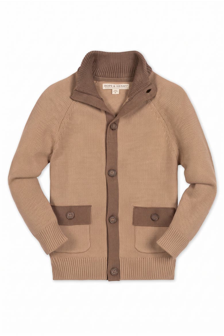 Kids' Organic Cotton Mock Neck Cardigan, Main, color, Camel and Cinnamon Heather