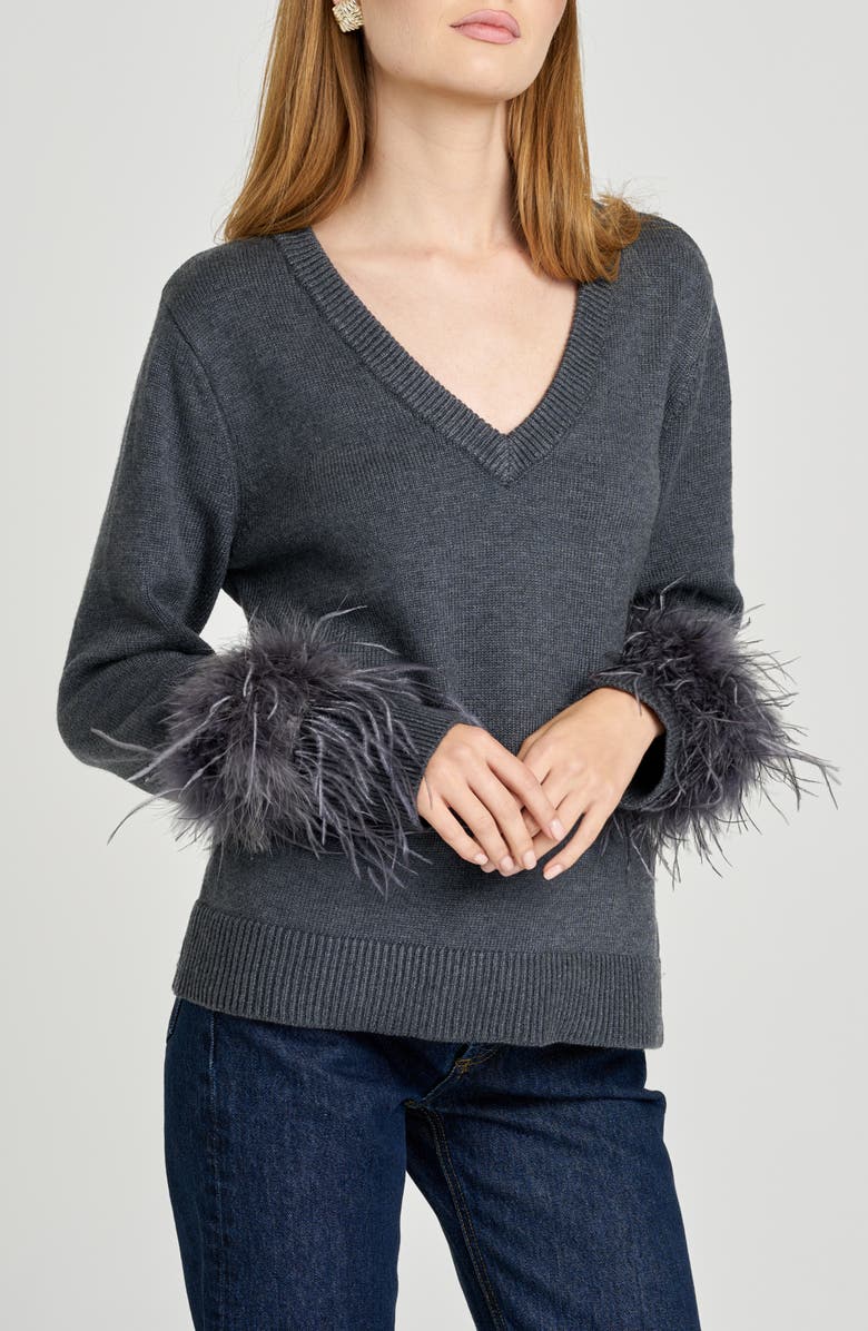 WAYF Bethany Feather Trim Sweater, Main, color, Charcoal