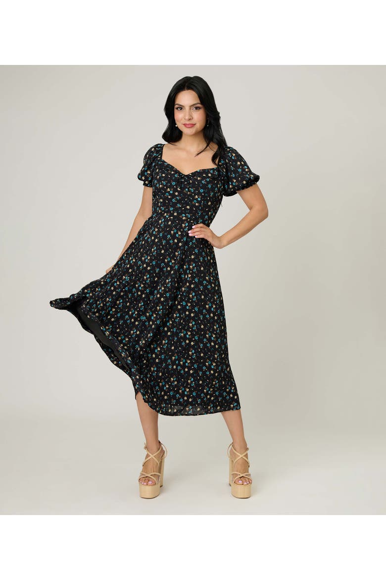 Dot Puff Sleeve Midi Dress, Main, color, Black & Blue Floral