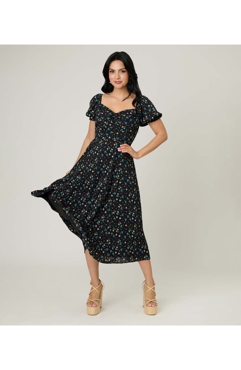 Unique Vintage Dot Puff Sleeve Midi Dress, Main, color, Black 
Blue Floral