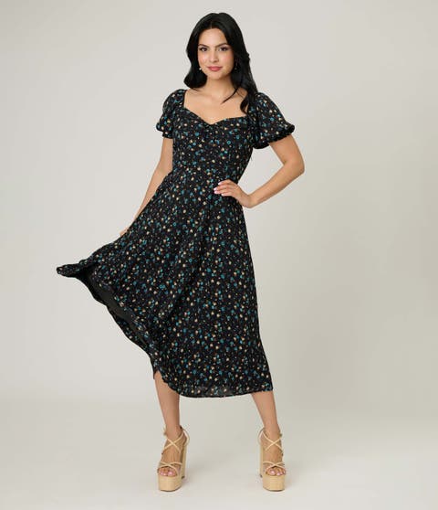 Dot Puff Sleeve Midi Dress