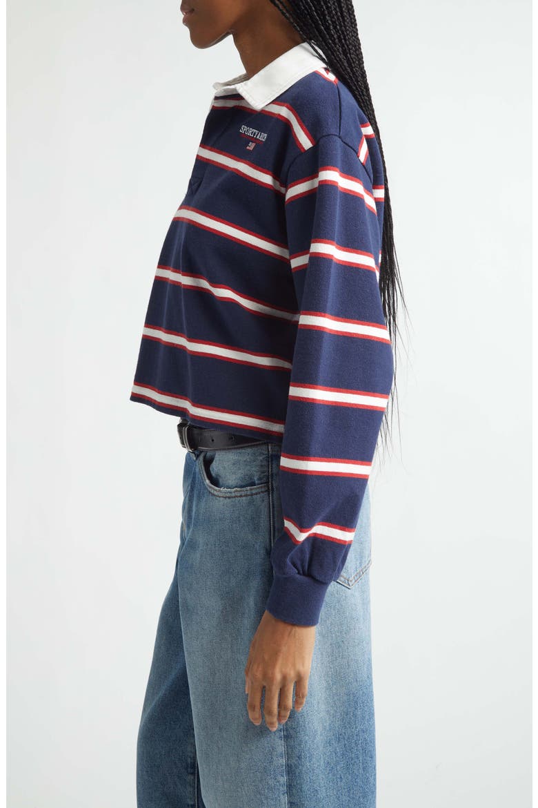 Nautical Embroidered Stripe Crop Rugby Polo, Alternate, color, DARK NAVY/ WHITE/ RUBY