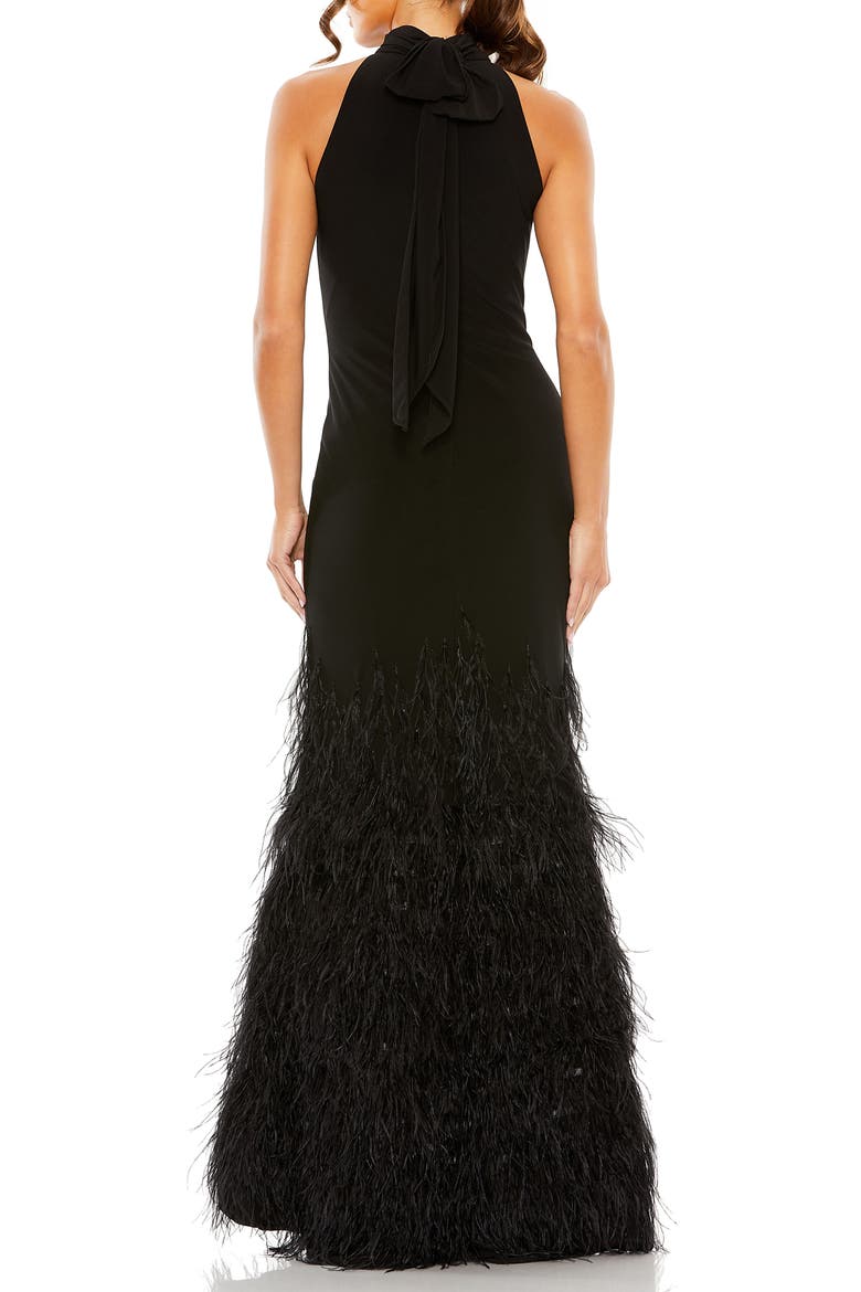 Feather Tiered Detail Jersey Halter Gown, Alternate, color, Black