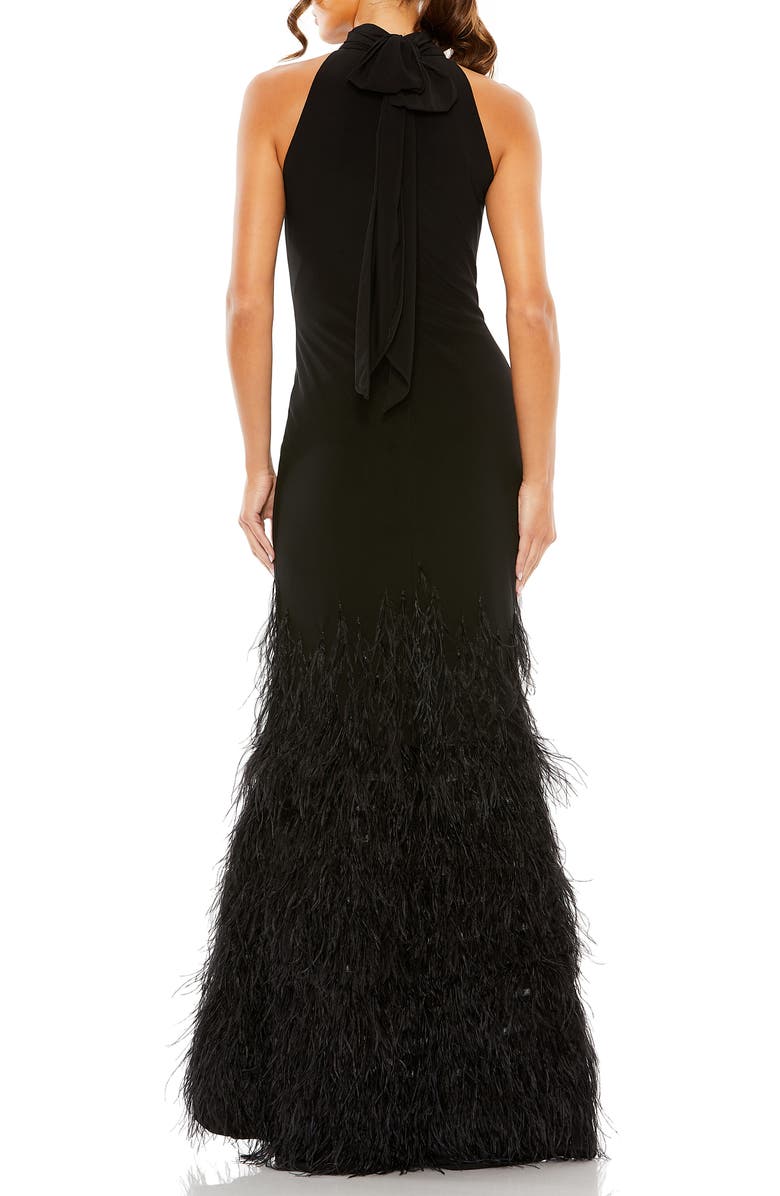 Mac Duggal Feather Tiered Detail Jersey Halter Gown, Alternate, color, Black