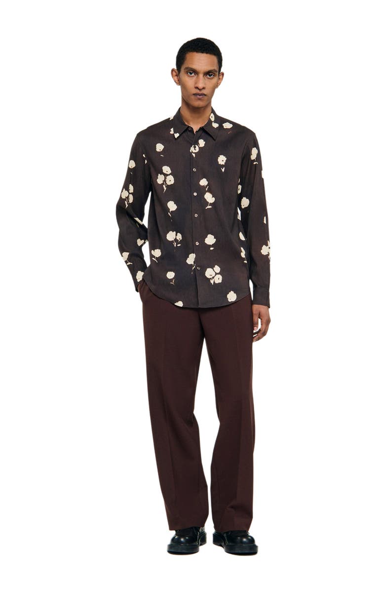 SANDRO Floral print linen shirt, Alternate, color, Chocolate