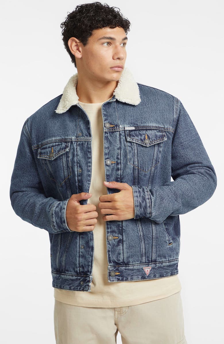 GUESS JEANS Denim Trucker Jacket with Faux Shearling Collar, Alternate, color, Gjwm