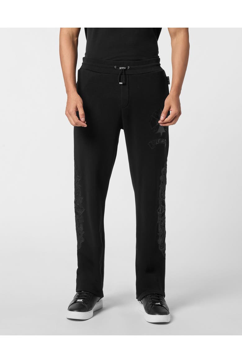 Jogging Pants With Leather Inserts Chrome Crest Men, Main, color, black