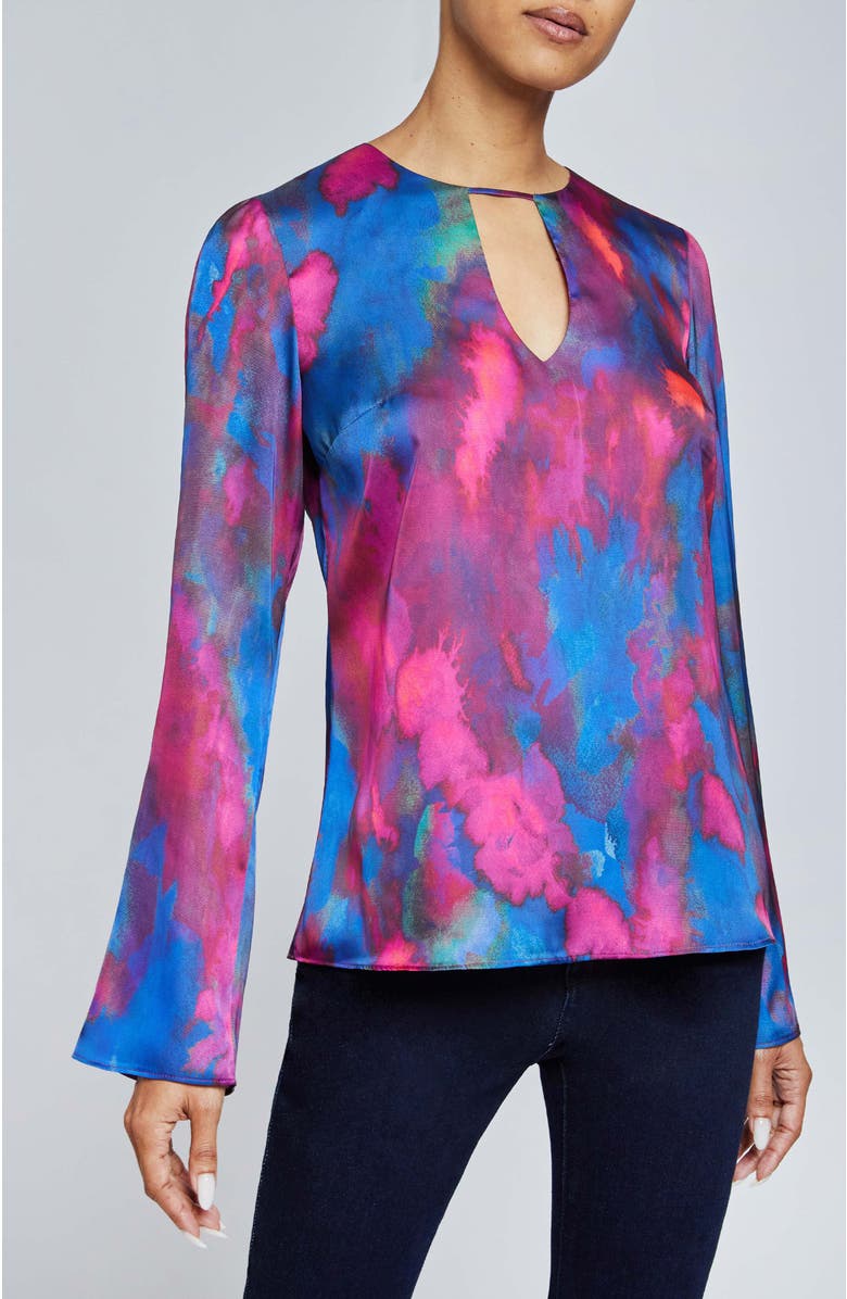 Santorelli NOA Long Sleeve Keyhole Blouse in Abstract Printed Charmeuse, Alternate, color, Magenta Multi