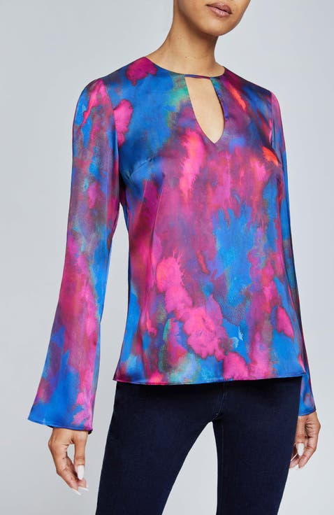 NOA Long Sleeve Keyhole Blouse in Abstract Printed Charmeuse