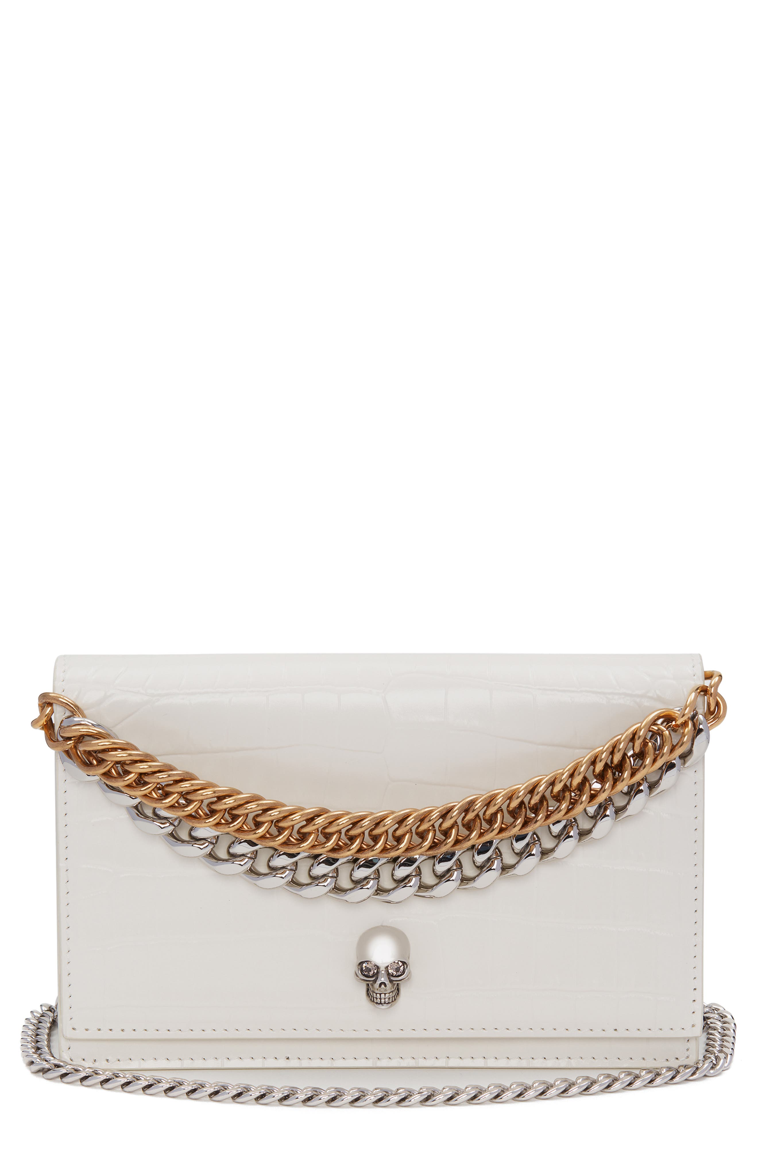 McQueen Small Skull Croc Embossed Leather Shoulder Bag, Main, color, 