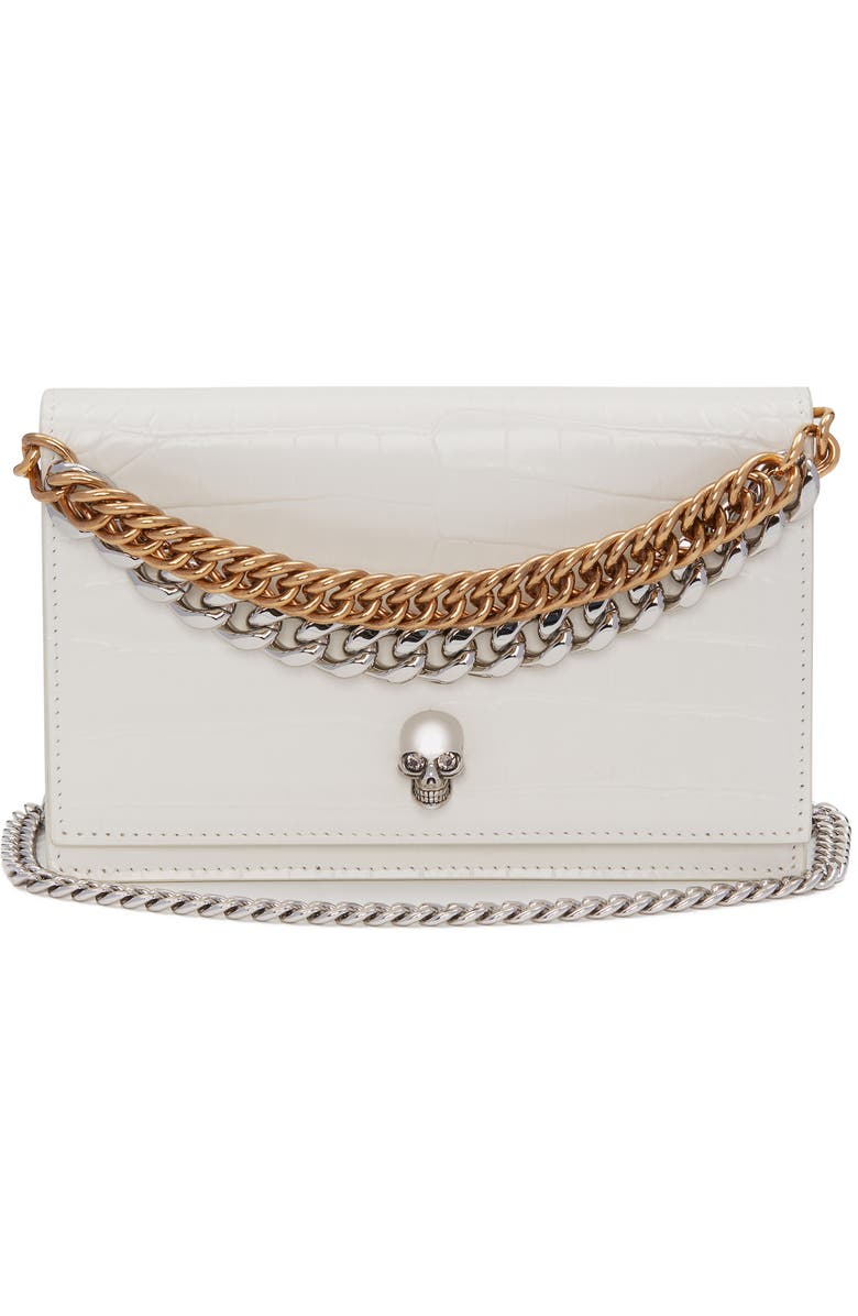 McQueen Small Skull Croc Embossed Leather Shoulder Bag, Main, color,
