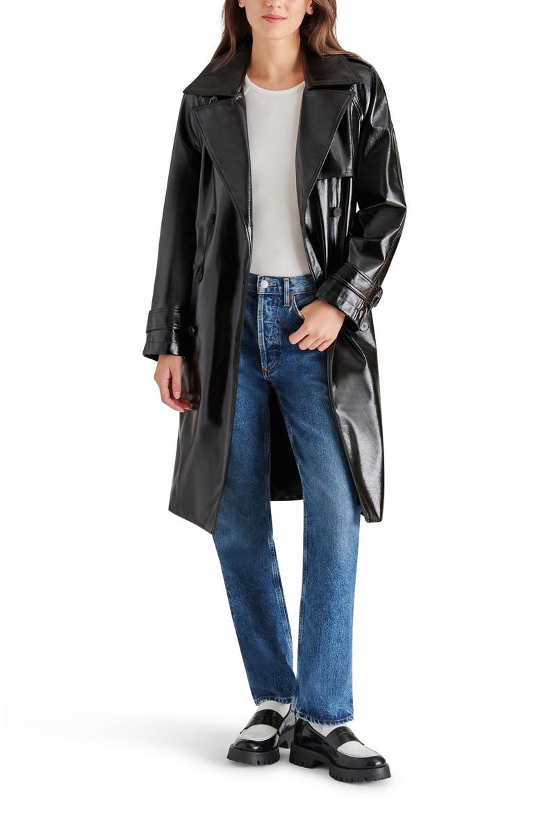 Ilia Faux Leather Trench Coat, Alternate, color, BLACK