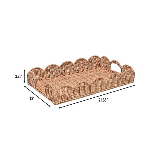 Happimess Scalloped 21.5" Southwestern Cottage Hand-woven Rattan Tray With Handles, Natural In Brown