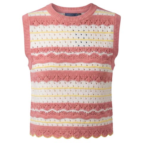 Pointelle Striped Cotton Scalloped Hem Vest