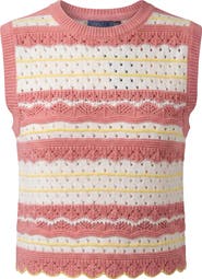 Noni Pointelle Striped Cotton Scalloped Hem Vest
