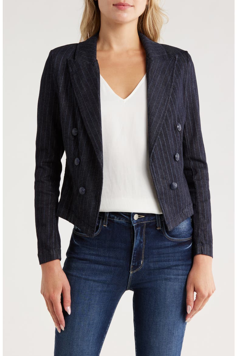 Wayne Pinstripe Double Breast Crop Jacket, Main, color, INDIGO/ BLUE GLITTER STRIPE