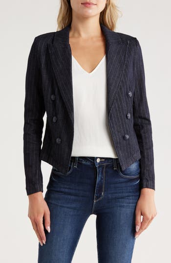 L Agence L'agence Wayne Pinstripe Double Breast Crop Jacket In Blue