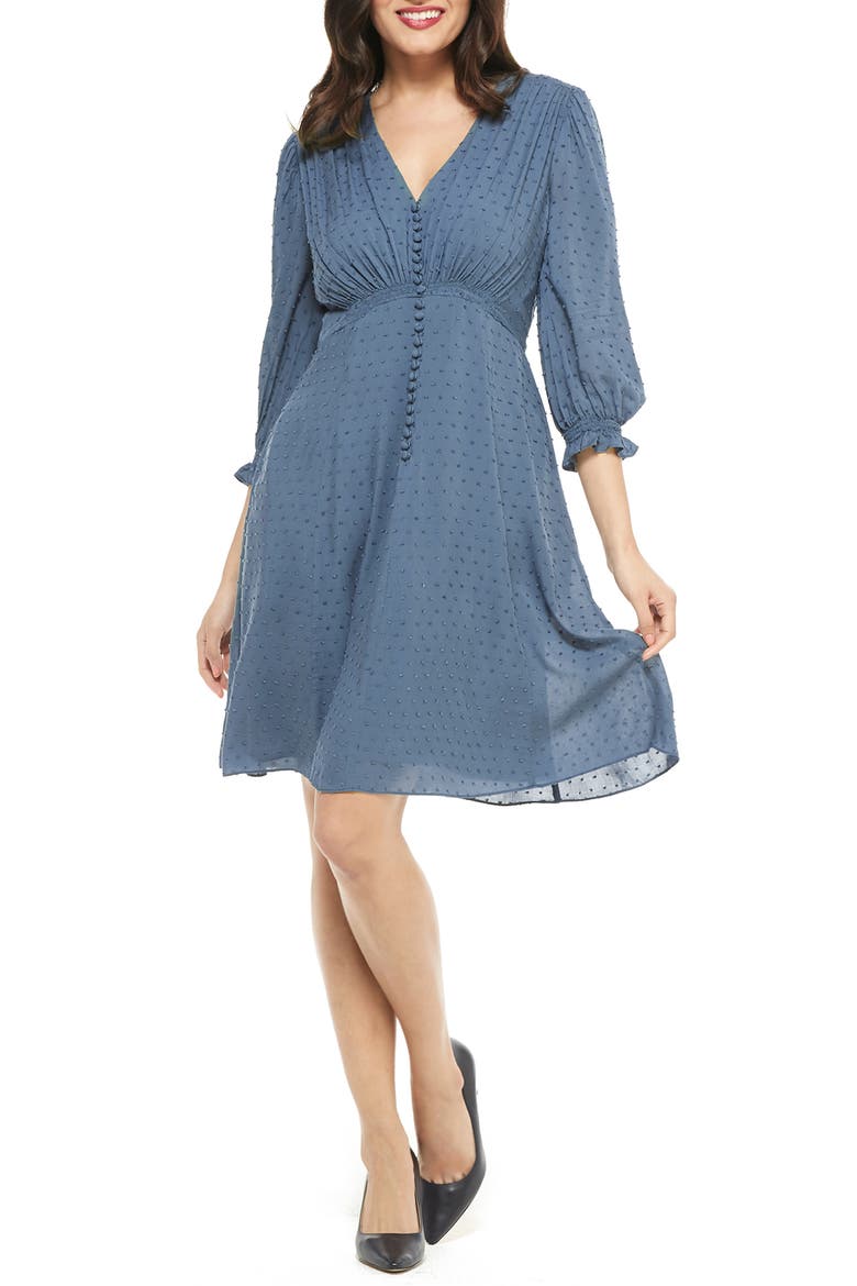 Andrea Smocked Shoulder Clip Dot Fit & Flare Dress, Main, color, RETRO BLUE