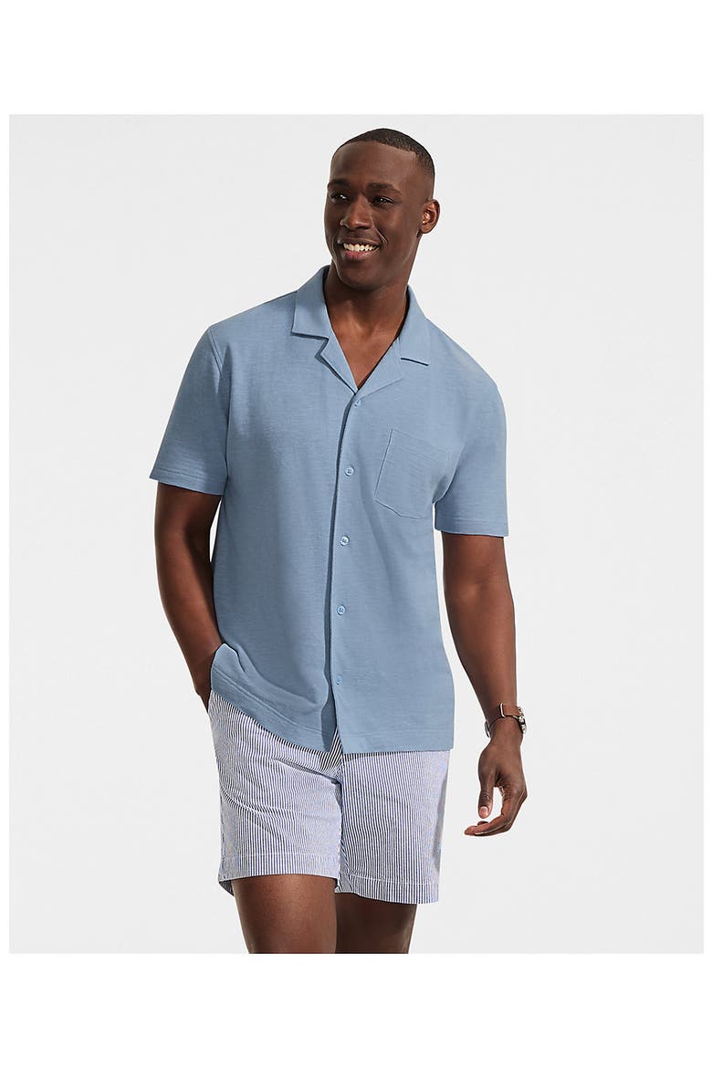 Short Sleeve Cotton Linen Button Through Camp Collar Shirt, Alternate, color, Oasis Blue